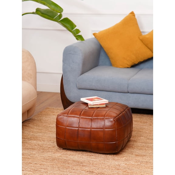 HANDMADE ECO-FRIENDLY SQUARE SHAPED STUFFED GOAT LEATHER BROWN POUF - 21" x 21" x 12", Square Shape, Brown Color, Seating Pouf For Living Room, Study Room, Patio & Office