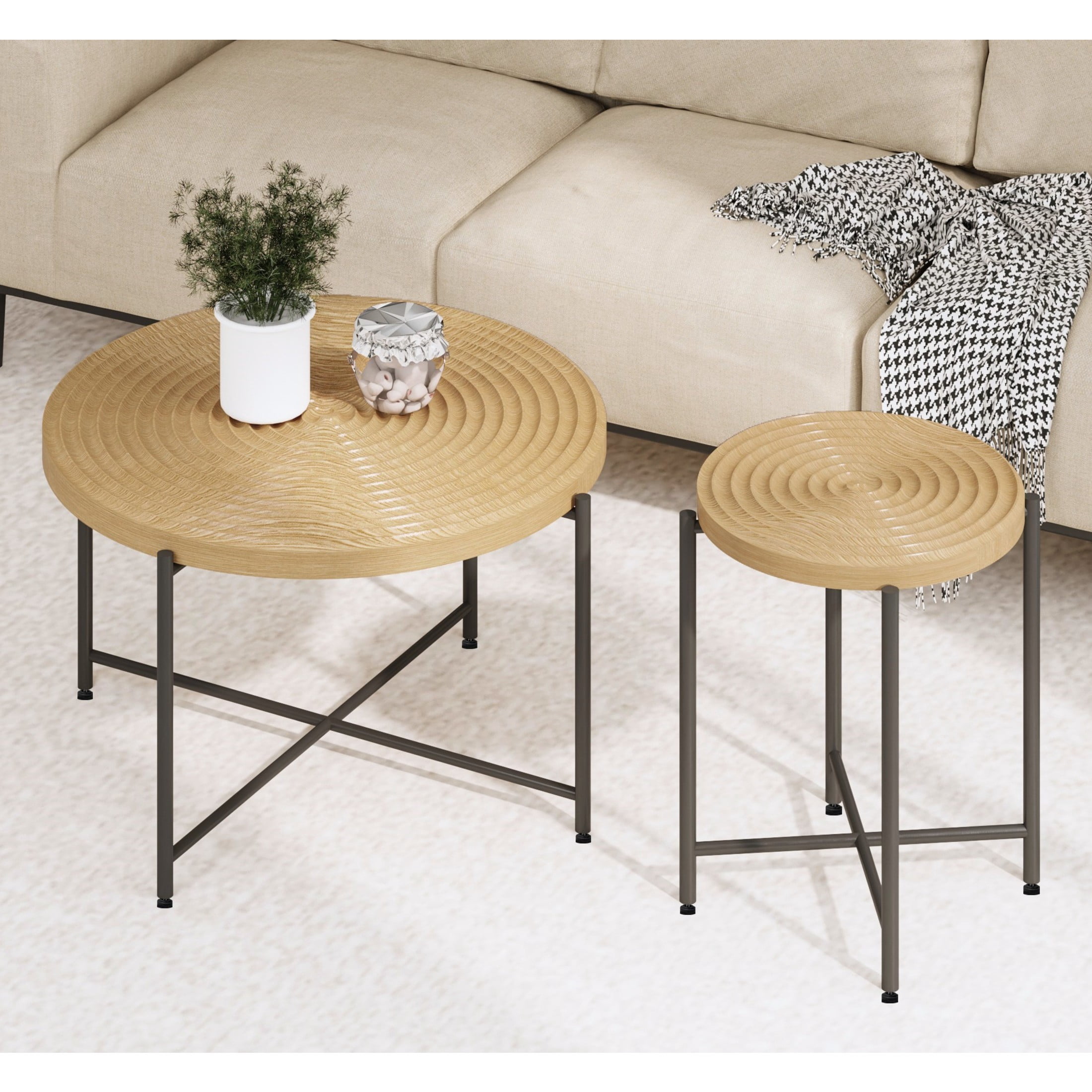 GDF Studio 2-Piece Coffee and End Table Set with Radial Ring Pattern Tabletops, Black Metal Legs, Natural Oak