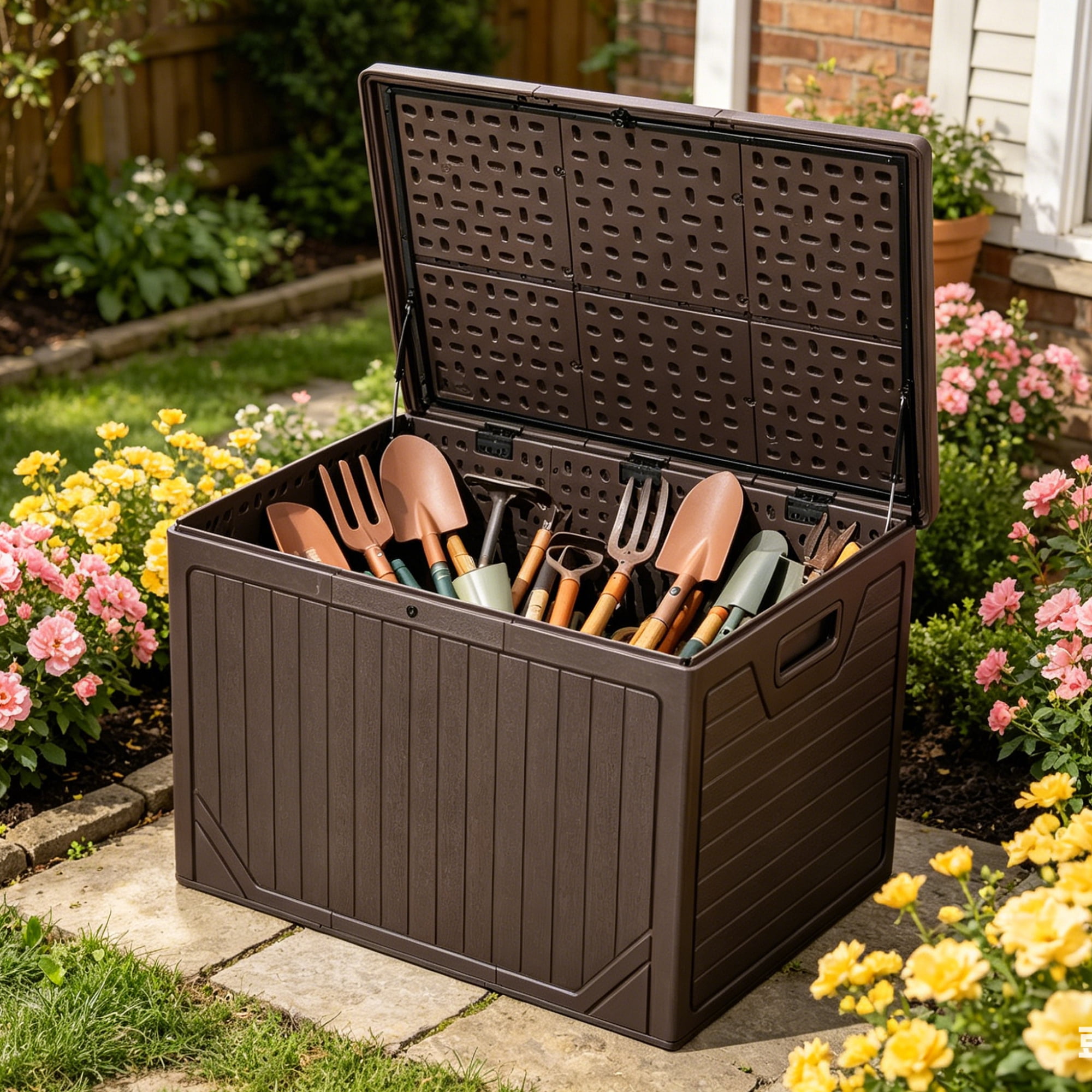 Uforic 230 Gallon Extra Large Resin Deck Box, Lockable Waterproof Outdoor Storage Bin, Weatherproof Patio Container for Patio Cushions, Garden Tools and Pool Supplies, Brown