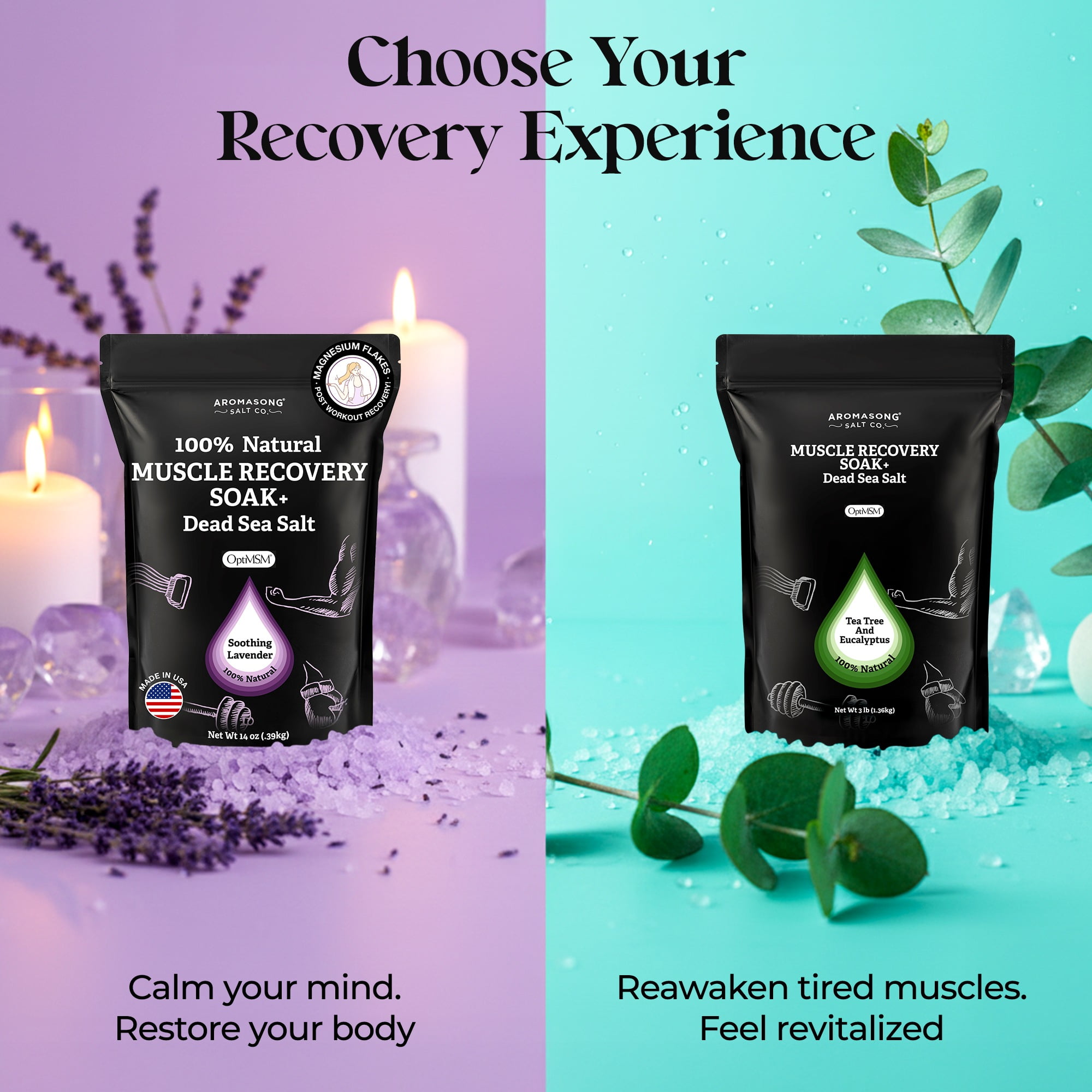 Aromasong Muscle Recovery Bath Soak with Dead Sea Salt, Magnesium & OptiMSM, Lavender, 3 lb