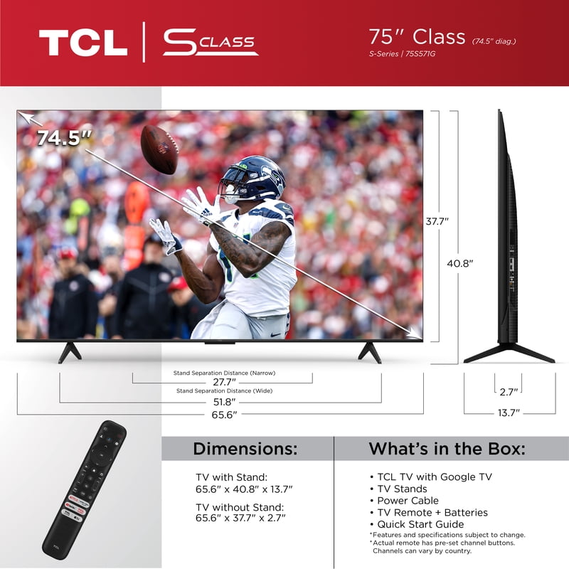 TCL 75S571G 75” 4K Ultra HD TVs LED Class S5 HDR Smart TV with Google TV front and back view