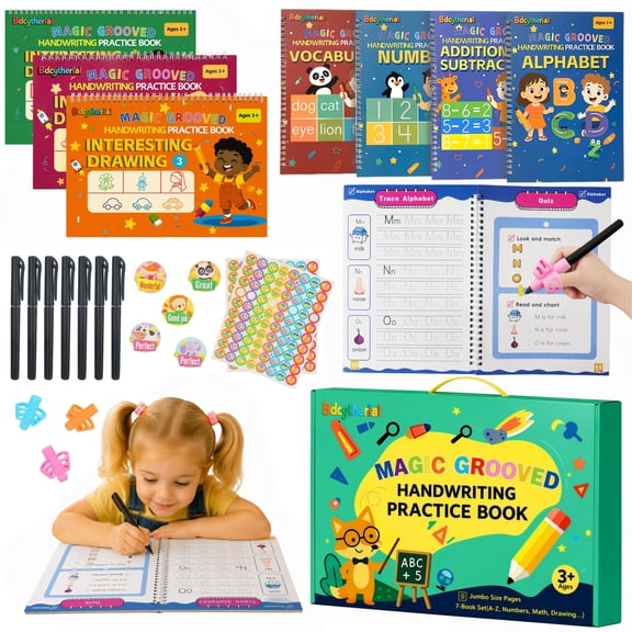 Reusable Grooved Handwriting Practice Workbook Set for Kids,Trace & Learn Writing Kit，7 Books Grooved Writing Practice Books with Erasable Pens, Reward Stickers and Carry Bag