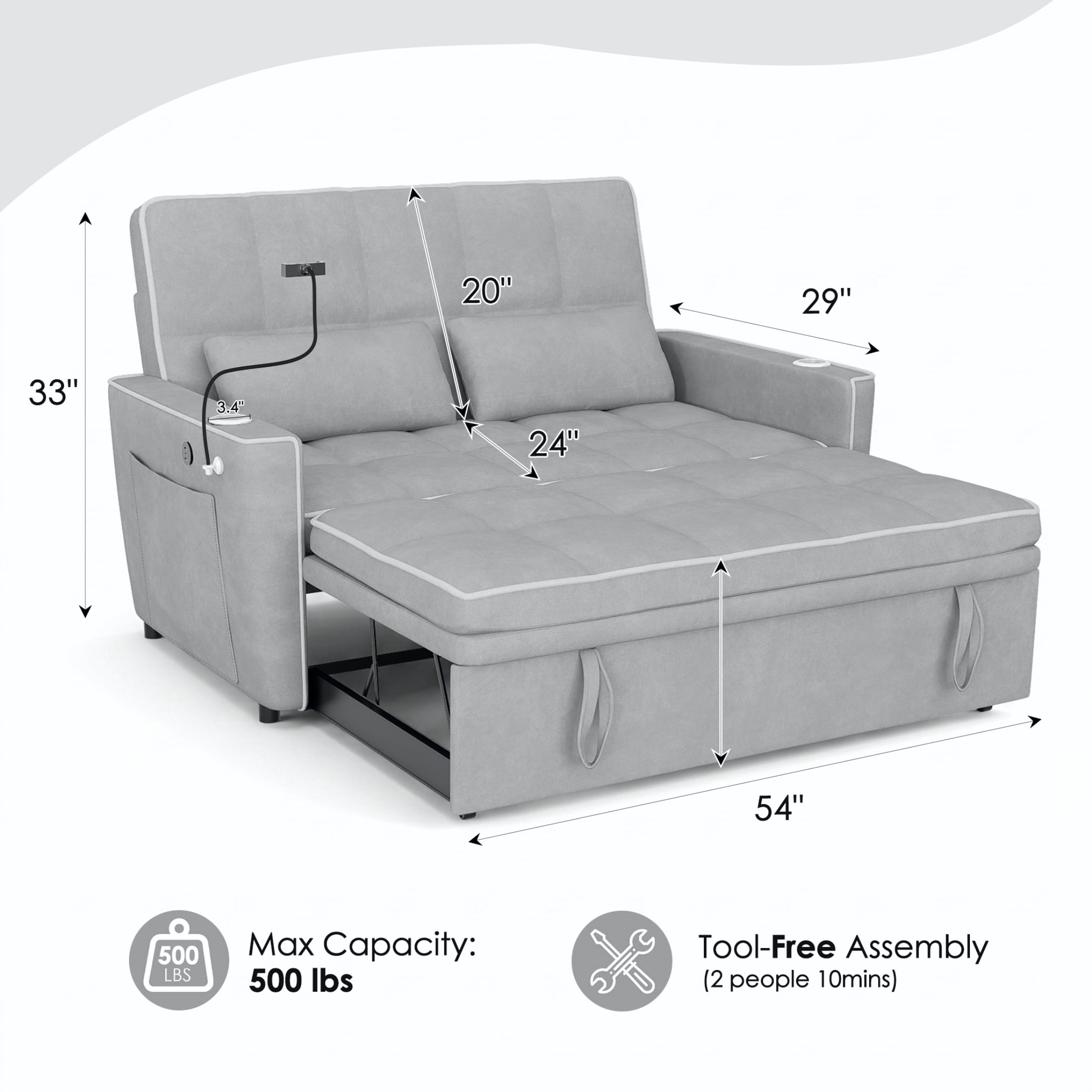 Vinform Sleeper Sofa Bed, 3 in 1 Convertible Loveseat with Phone & Cup Colder for Small Space, Gray