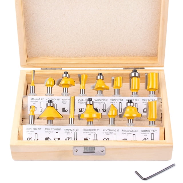 Flytuo 15 Pieces Router Bits Set 1/4 Inch Shank, Tungsten Carbide Router Bits, Woodworking Milling Cutter Tool Kit for Home Improvement and