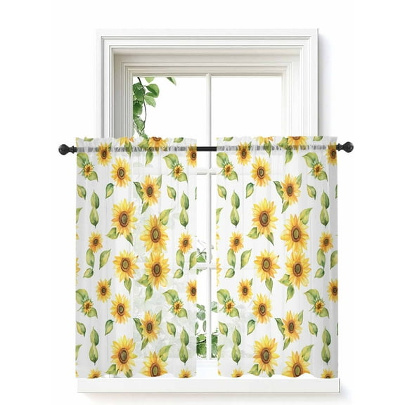 Sunflower Tier Curtains 45 Inch Length,Sheer Curtains for Bedroom Living Room,Yellow Summer Floral Watercolor Pastoral Rod Pocket Voile Drapes Kitchen Curtains Small Half Window 27.5"x45" 2 Panels