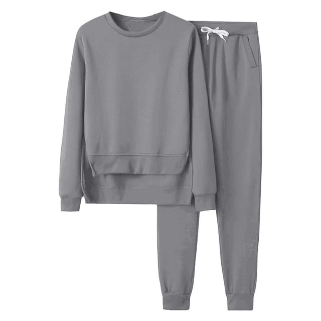 FAIWAD Women 2 Pieces Outfits Round Neck Irregular Split Sweatshirt Sweatpants Pullover Tracksuit
