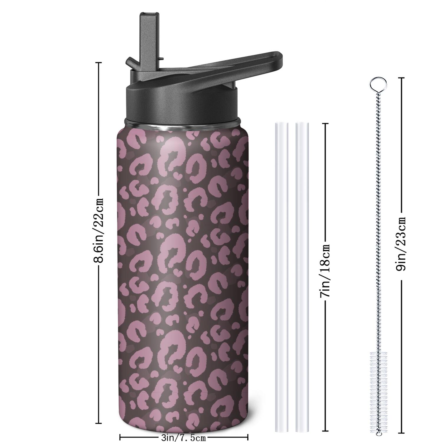 Leopard Print Insulated Stainless Steel Water Bottle with Straw & Cleaning Brush – 18 Oz | Leakproof, BPA-Free, 304 Stainless Steel, Wide Mouth, Travel Mug for Car, Gym, Office