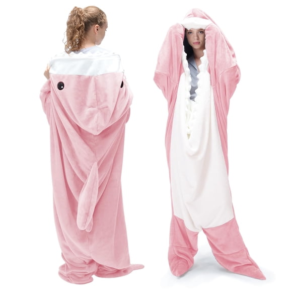ANFUZAI Shark Blanket Hoodie Onesie, Wearable Blankets Hoodie Adult, Warm Flannel Throw Blanket Tail Sleeping Bag, Cartoon Costume Shark Onesie Funny Gifts for Adults (Pink,M)