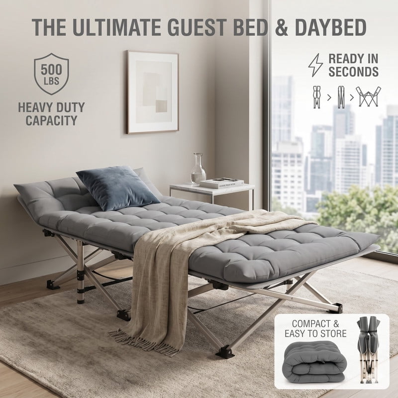 Folding Camping Cot with Mattress for Adults, 500 LBS Heavy Duty Portable Sleeping Cot with 2.5" Thick Soft Pad & Side Pockets, Installation-Free Folding Bed for Outdoor, Office, Guest