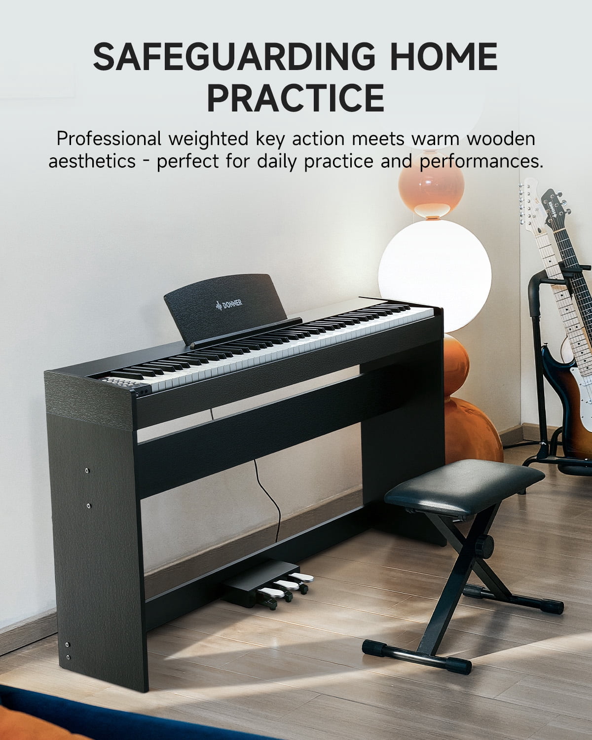 Donner DDP-50 LITE 88-Key Weighted Digital Piano for Beginners, Full Size Electric Piano with Music Stand, Power Adapter, Sustain Pedal, Built-in Lessons, 1000 Tones & Rhythms, Black