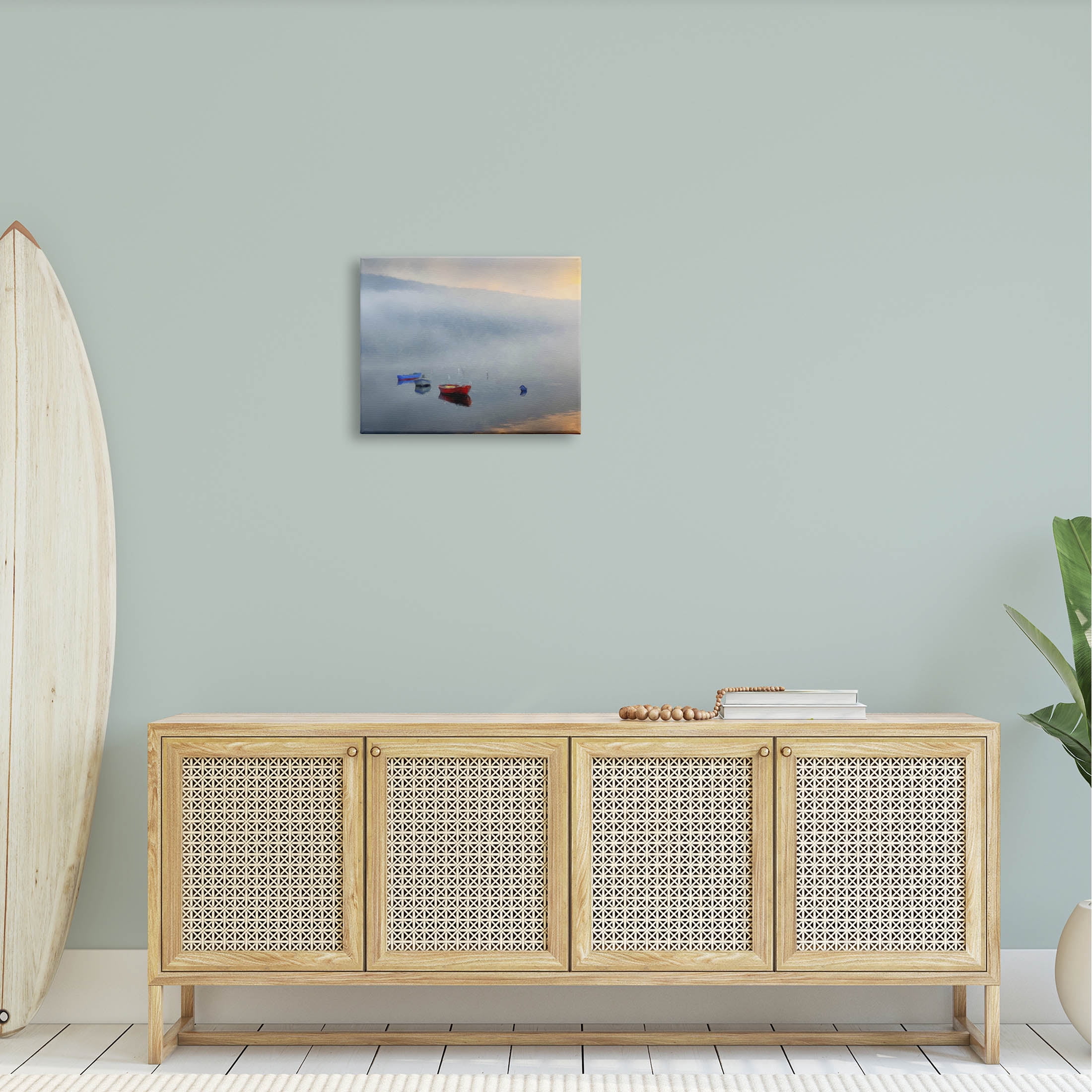 Misty Lake Canoes Fog Scene Landscape Painting Gallery Wrapped Canvas Print Wall Art