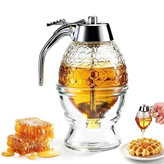 Honey Dispenser No Drip Glass, Glass Honey Dispenser No Drip with Stand, Syrup Dispenser Jar for Kitchen, Honey Syrup Pourer for Tea Coffee Breakfast, 8oz, 1 Pack