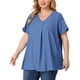 thumbnail image 1 of Women's Plus Size Blouse Casual V Neck Lounge Around Short Sleeve Solid Chambray Tops Blue 2X, 1 of 6