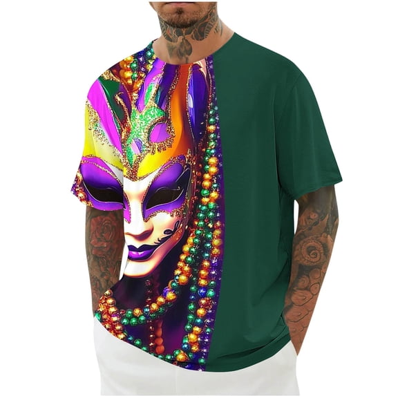 Xixinqiwan Mardi Gras Seven Sleeve Shirt for Men,Casual Loose Round Neck Tops Mardi Gras Novelty 2025 Carnival T Shirts