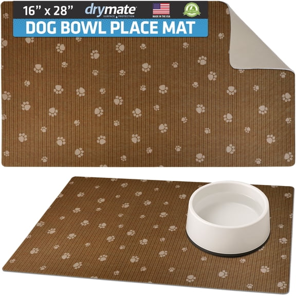 Drymate Pet Bowl Placemat, Dog & Cat Food Feeding Mat - Absorbent Fabric, Waterproof Backing, Slip-Resistant - Machine Washable/Durable (16” x 28”) (Brown Stripe Tan Paw)