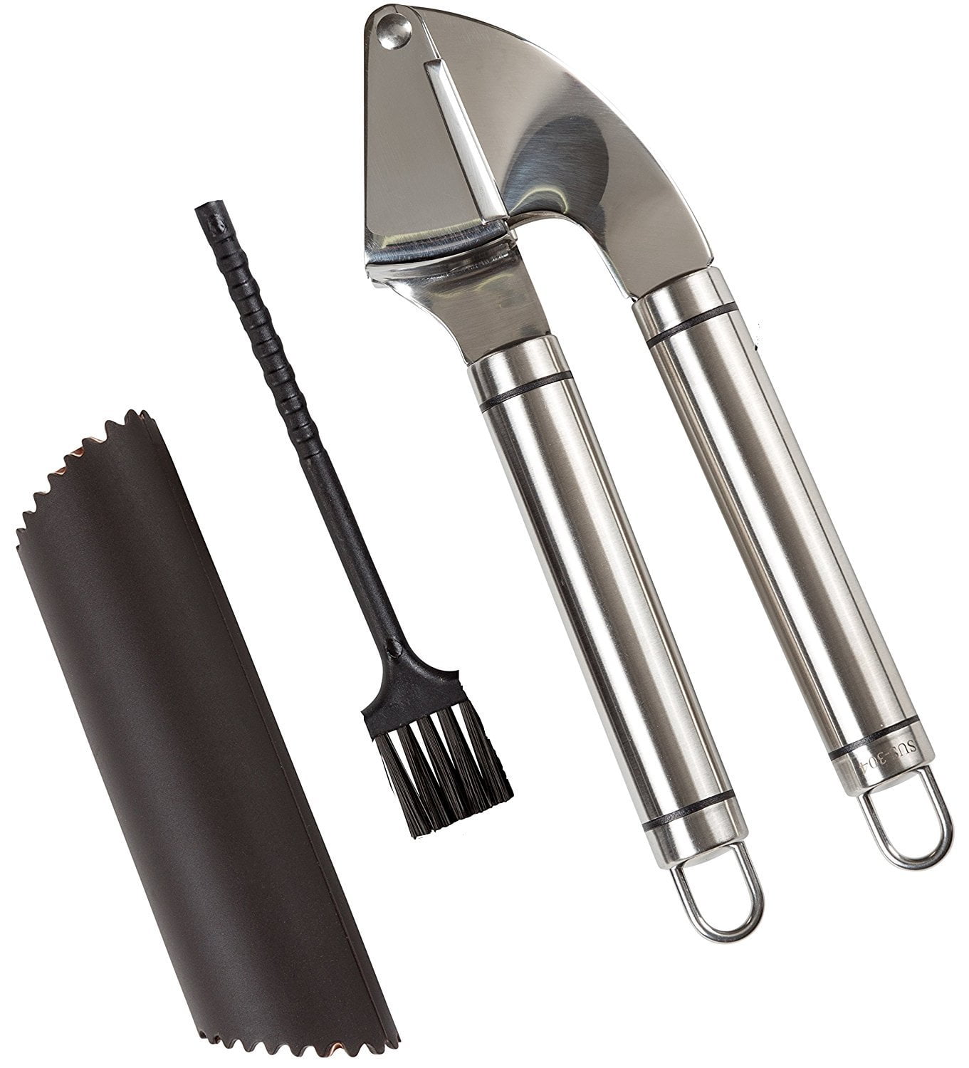 Stainless Steel Garlic Press and Peeler Set, With Bonus Cleaning Brush