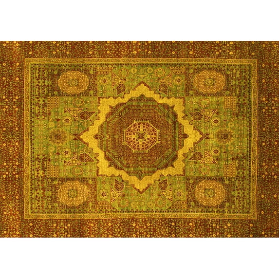Ahgly Company Machine Washable Indoor Rectangle Oriental Yellow Modern Area Rugs, 2' x 4'