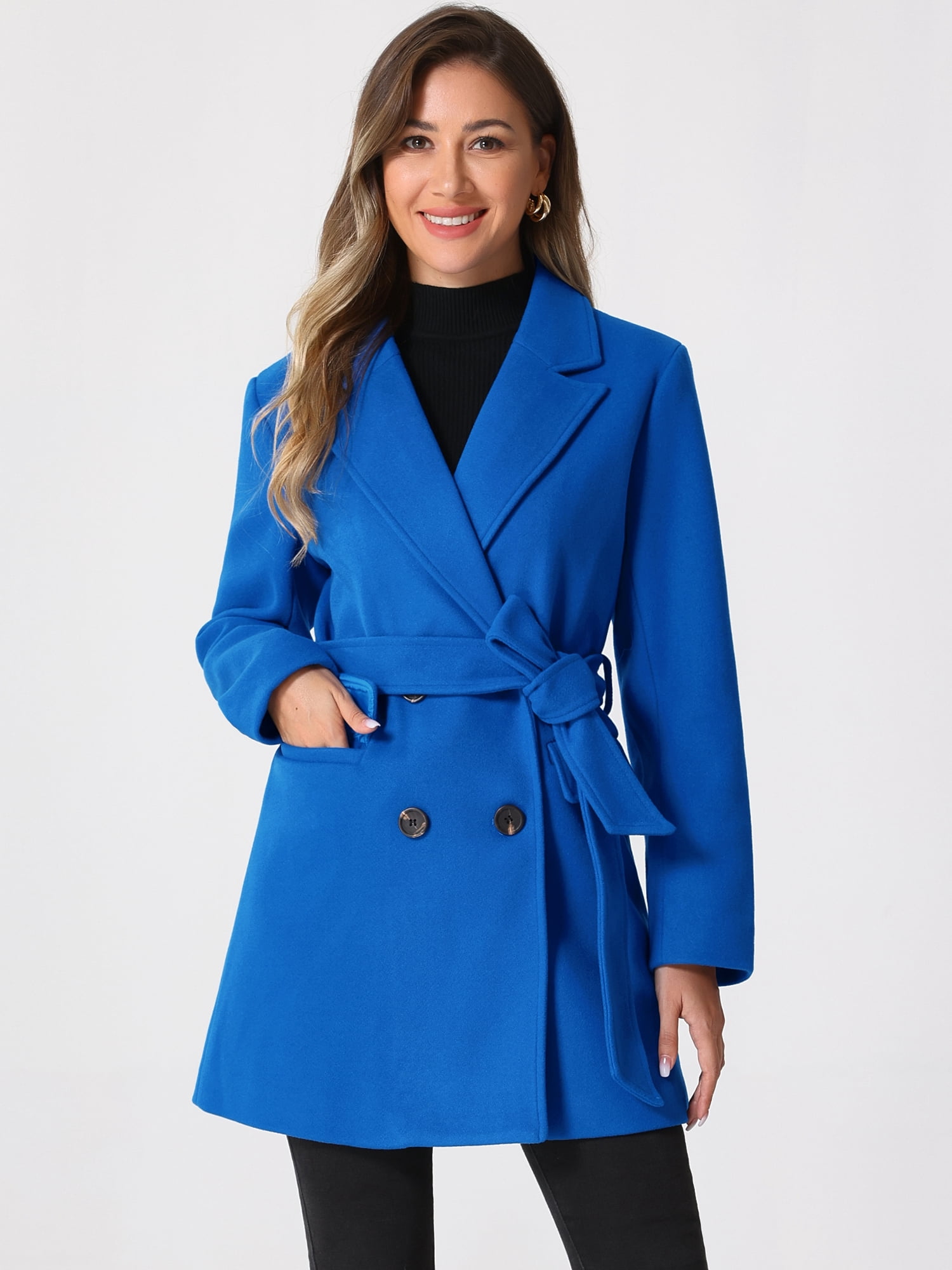 DARING DIVA Women's Notched Lapel Double Breasted Belted Trench Coat Blue S