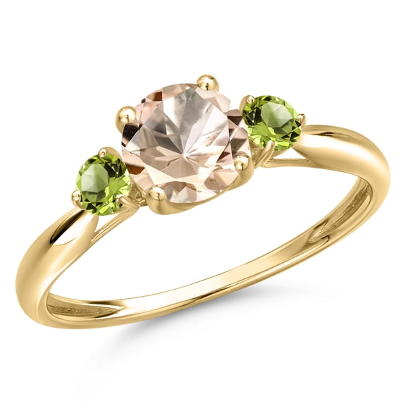 Gem Stone King 10K Yellow Gold Peach Morganite and Green Peridot 3-Stone Ring for Women | 0.84 Cttw | Round 6MM | Gemstone October Birthstone | Size 9