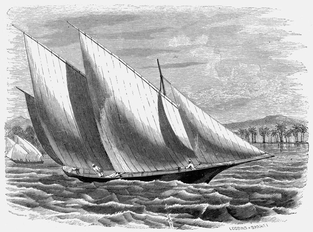 Malaya Sailing Ship. /Na Malay Proas. Wood Engraving, American, 19Th