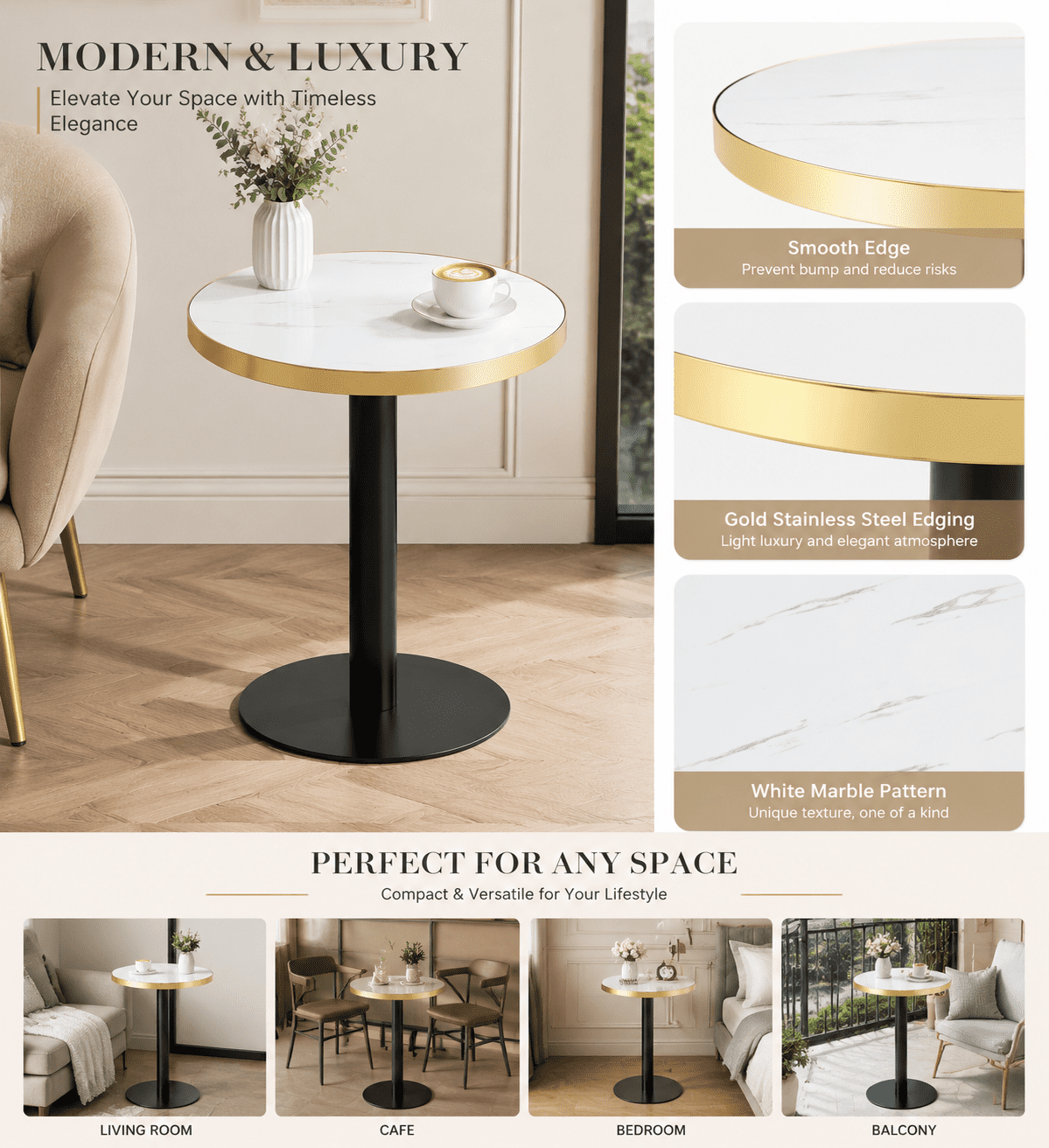 23.6" Round MDF sprayed with UV paint countertop, marble texture, stainless steel edging, metal table legs, modern light luxury edge/coffee table.