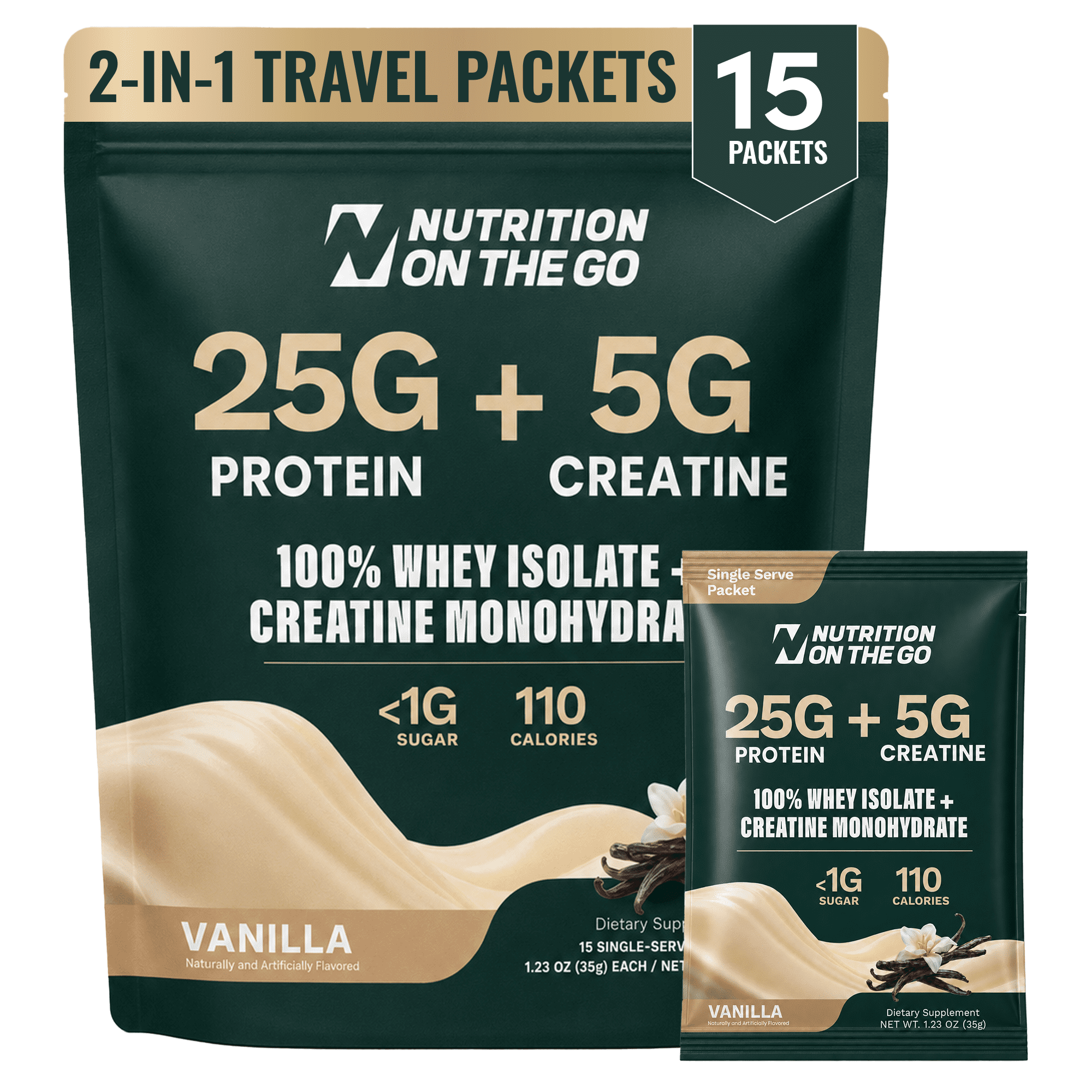 Nutrition On The Go Whey Protein Isolate + Creatine Travel Packets, Vanilla, 15 Count