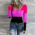 thumbnail image 2 of Women's Striped Henley Tops Long Sleeve Button Down Slim Fit T Shirts Scoop Neck Ribbed Knit Basic Casual Shirts Outfits (L, Hot Pink), 2 of 6
