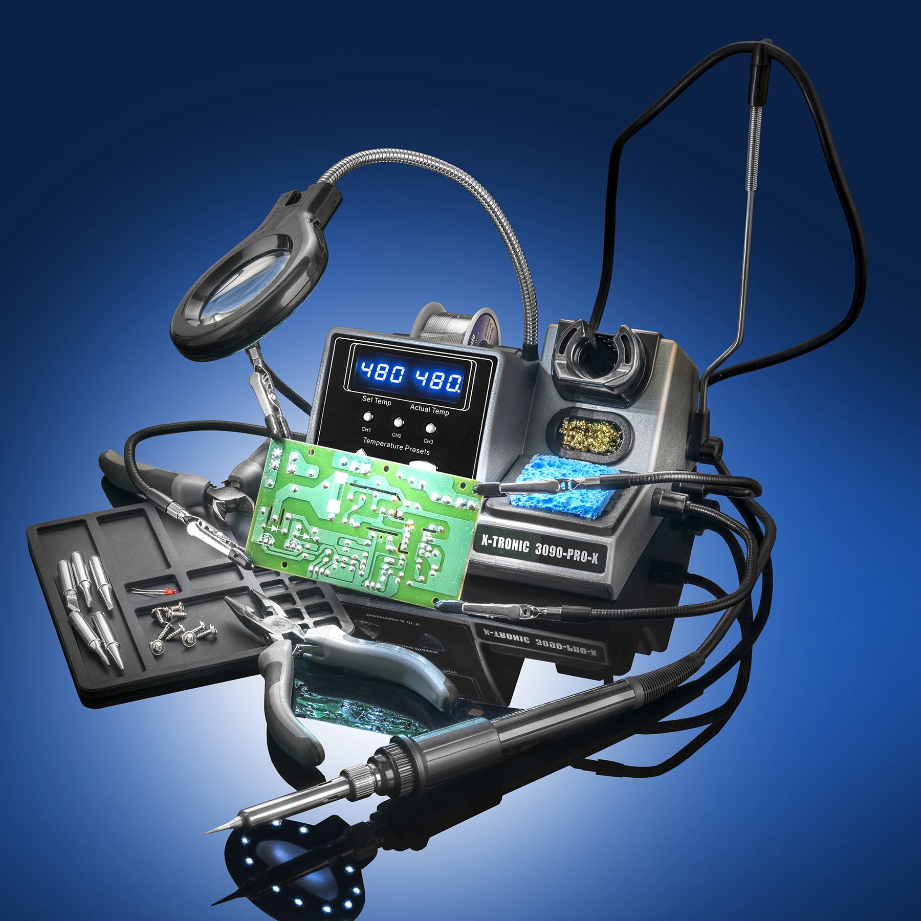 X-Tronic 3090-PRO-X 75 W Soldering Iron Station w/ Accessories, Adjustable Sleep & Temp Presets, C/F & More
