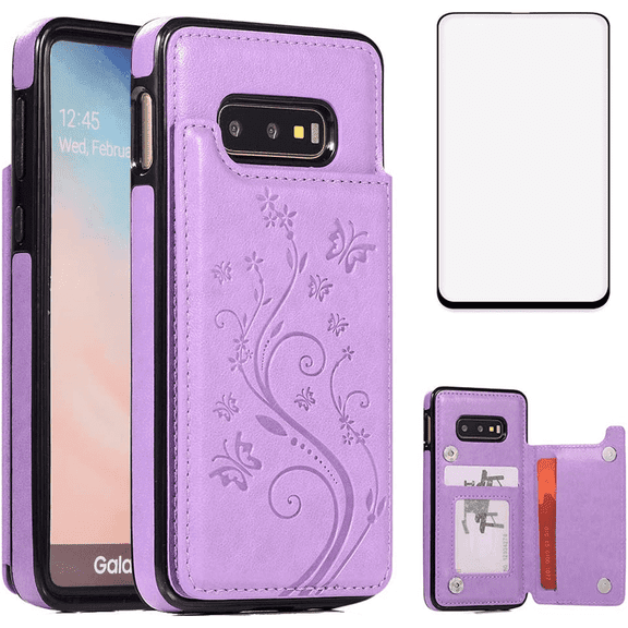 Asuwish Compatible with Samsung Galaxy S10e Wallet Phone Case Tempered Glass Screen Protector and Flower PU Leather Credit Card Holder Stand Slot Flip Cell Cover for S 10e 10se Se10 Women Men Purple