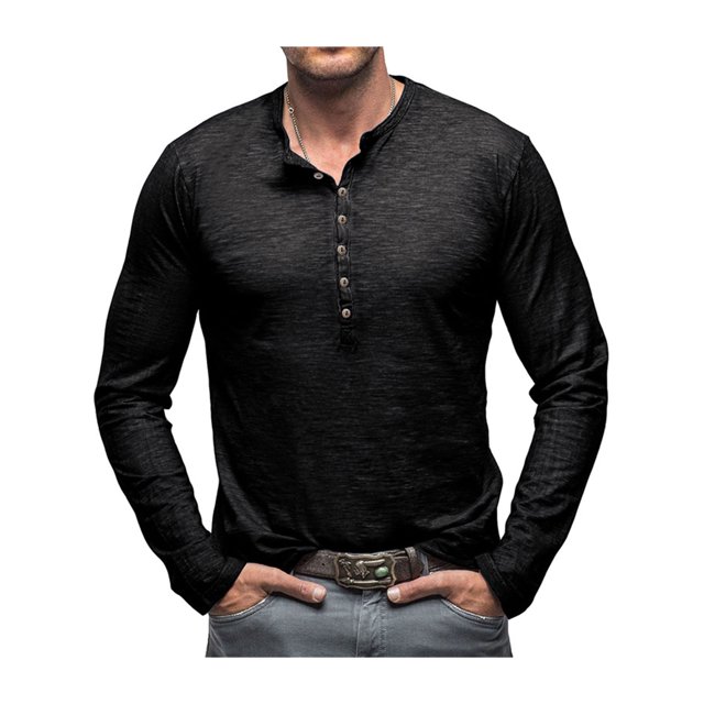 SUNSIOM Men's Spring Autumn Casual T-shirt Solid Color Long Sleeve Crewneck Button Up Tops