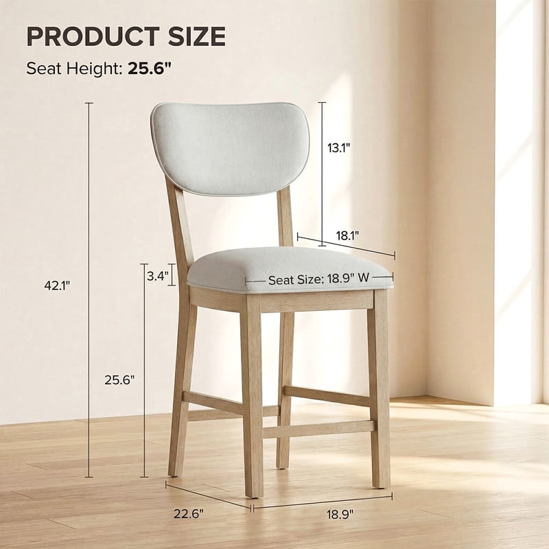 COLAMY Set of 4 Counter Height Bar Stools, Solid Wood Upholstered Barstools with Backrest, Modern Farmhouse Fabric Kitchen Island Stools，Natural