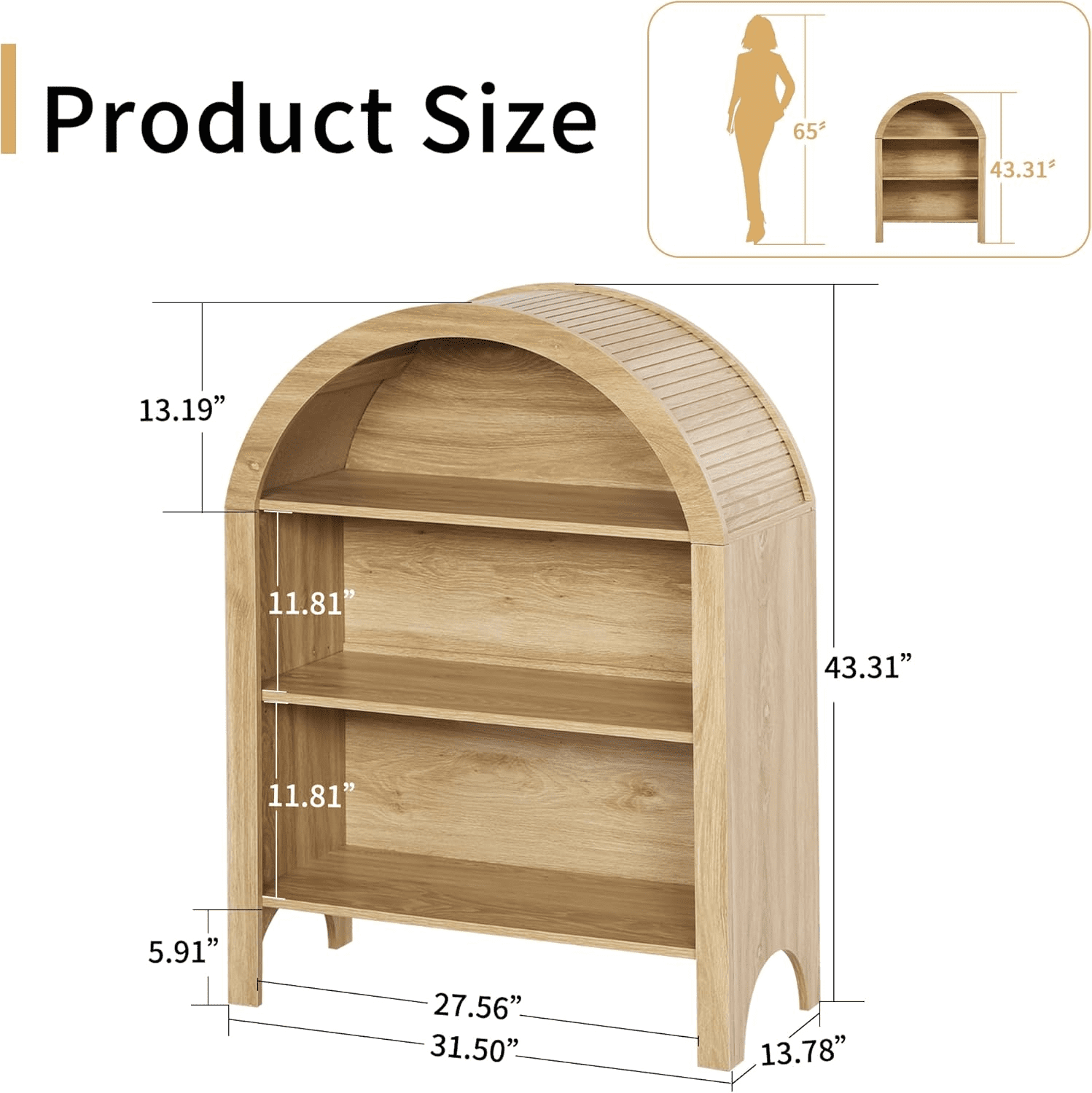 LEFHDA Small Kids Arched Bookshelf, Modern 3-Tier Open Bookshelf, Wood Freestanding Arched Bookcase with Adjustable Shelves, Covered Rounded Top Display Cabinet (Oak)