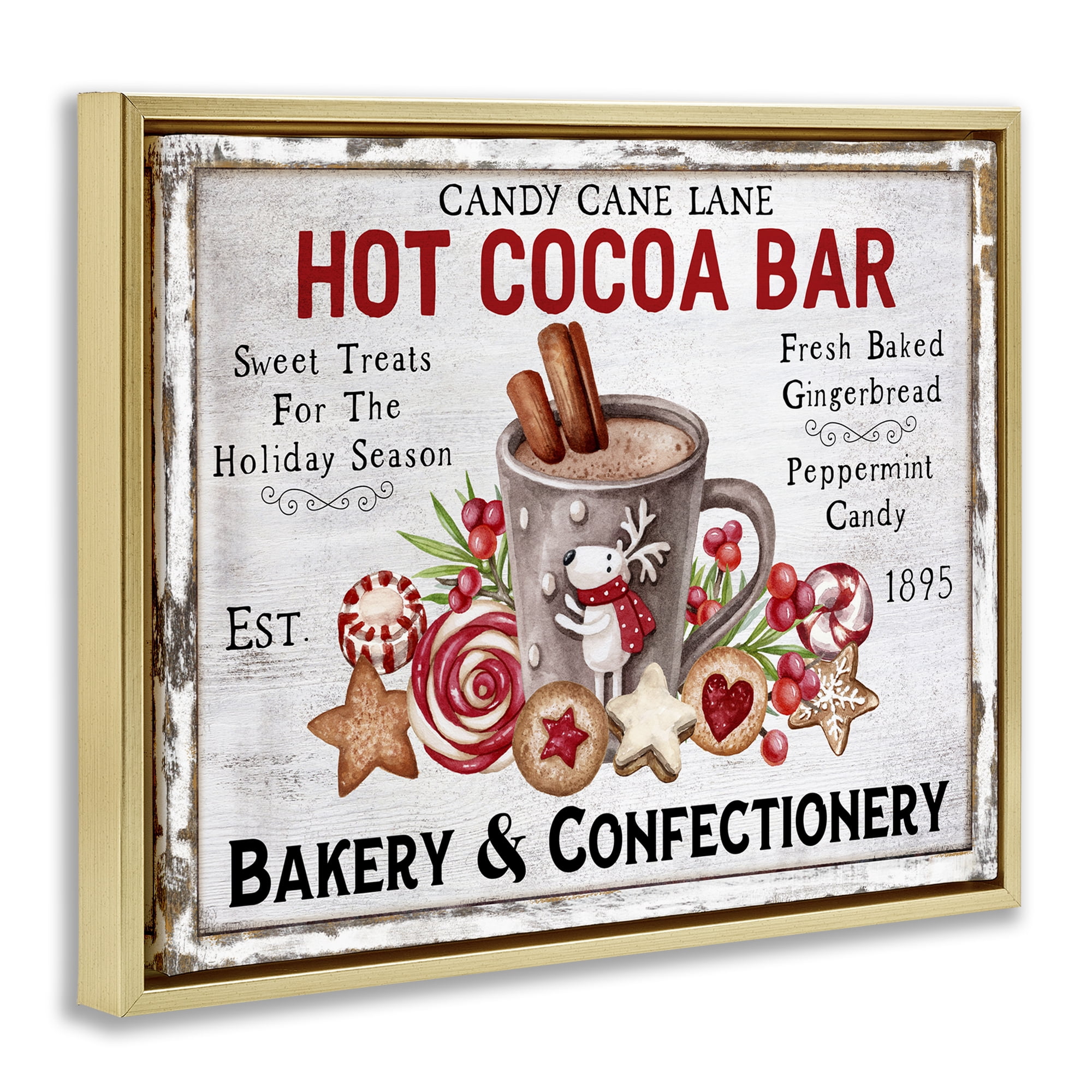 Stupell Industries Hot Cocoa Confectionery Holiday Painting Gold Floater Framed Canvas Art Prints Wall Art, 21 x 17