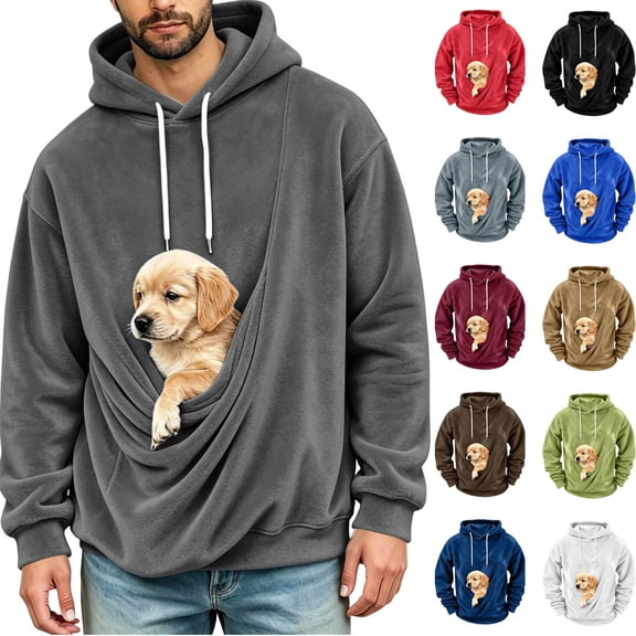 Aswuknt Pet Pouch Hoodie Men Fleece Kangaroo Pocket Dog Pouch Pullover Pet Carrier Sweatshirts Animal Holder Long Sleeve Casual Tops