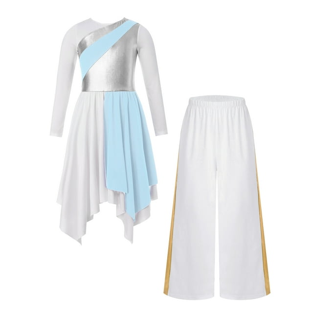 YUUMIN Robe de Danse Culte Ludique Culte pour Filles Église Chœur Patchwork Robe et Pantalon Large Ensemble Danse Bleu Clair 6
