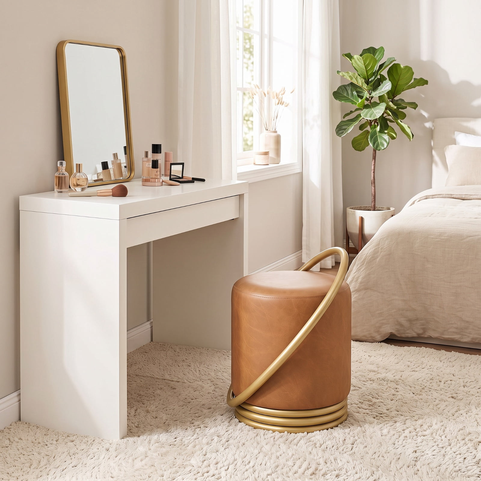 Furnibear Round Vanity Stool with Faux Leather Upholstery and Gold Halo Frame for Makeup Bedroom and Small Space Backless Seating, Yellow