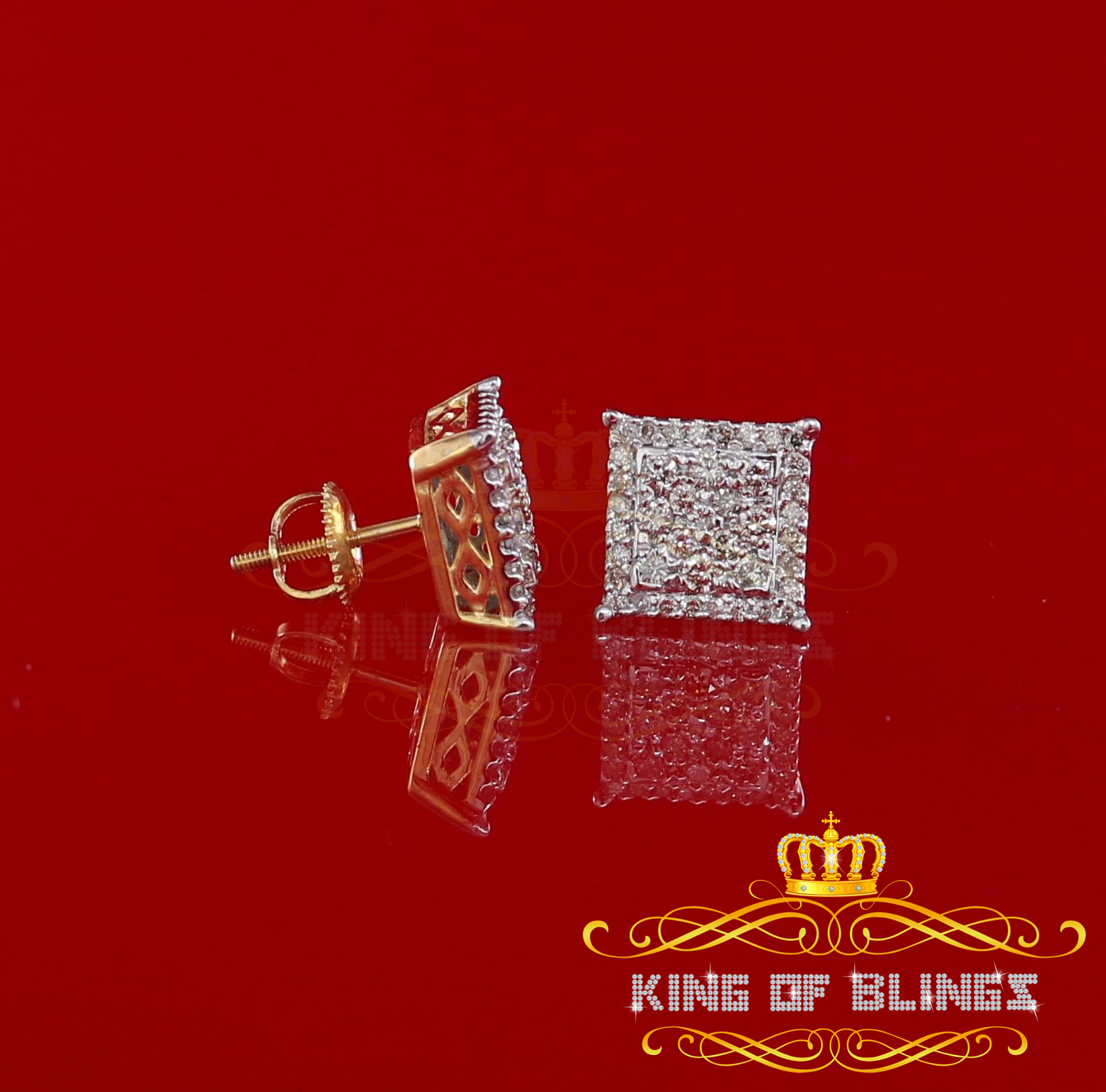 King of Bling's 10K Real Yellow Gold with 1.20CT Real Diamond Men's/Women's Stud Square Earrings