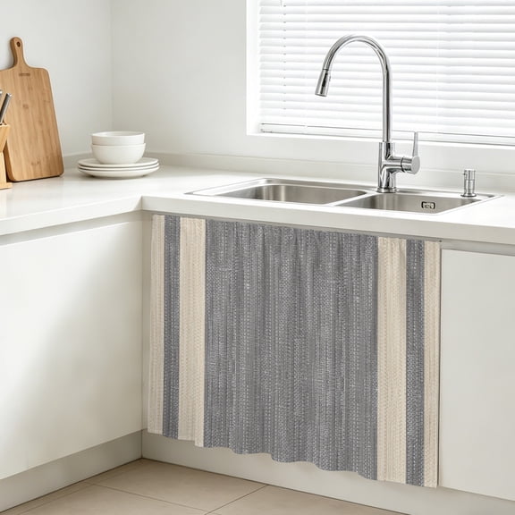 Grey Stripe Cabinet Curtains for Kitchen 10"W x 11"L, Modern Geometric Classic Linear Slub Fabric Texture Under Sink Skirt Magic Tape Short Curtain Decorative Privacy Panel for Bathroom Laundry