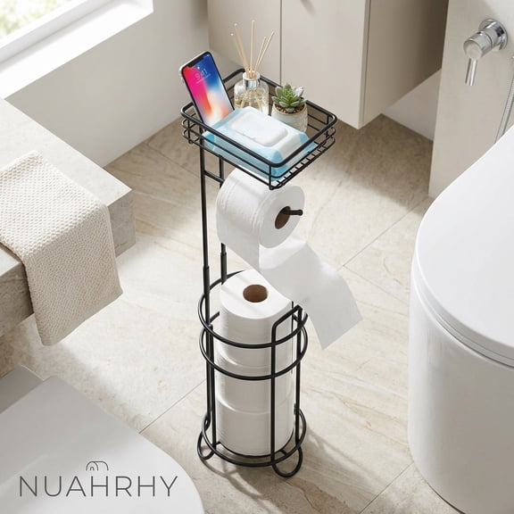 NUAHRHY Black Standing Toilet Paper Holder Stand with Shelf Standing Bathroom Tissue Dispenser with Wipes Storage Floor Toilet Paper Holder with Phone Tray