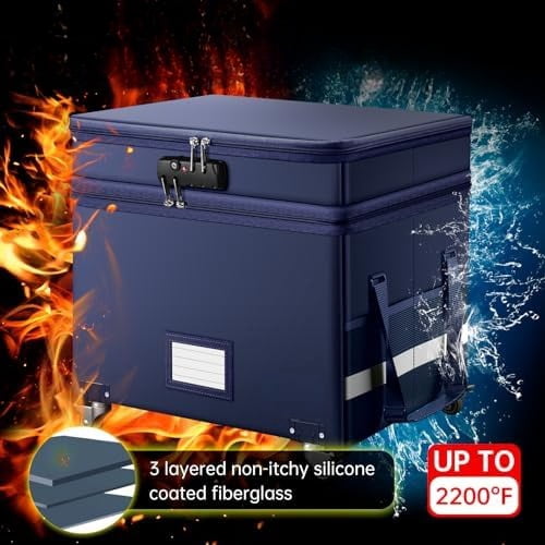 File Box with Lock, 2-Layer Fireproof Document Box with Wheels,Collapsible File Storage Organizer with Pockets,Large Portable Office Filing Cabinet Hanging Folders,Blue,16''x13.8''x12.2''