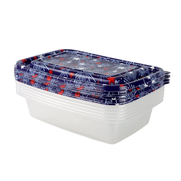Cook With Color 12 Piece Stackable Plastic Food Storage Container Set, 1000 ml Rectangular Containers with Printed Lids, Dark Blue Stars