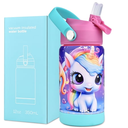 CaseTown 12oz Kids Insulated Water Bottle, Leak-proof Toddler Cup With Straws Lids, Kids Water Bottles For School Boys Girls, Stainless Steel Vacuum Insulated Bottle For Kids (Rainbow Unicorn)