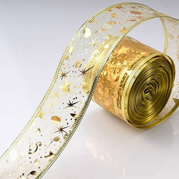 Ribbon Stars Wired Sheer Glitter Ribbon, 3.8cm by 10m Spool , Perfect for Christmas Decoration (Gold)
