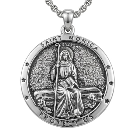 MYSTICPOEM Saint Monica Necklace Catholic Patron Saint of Mothers and Wives Pendant, Religious St Monica Prayer Amulet Jewelry 24 in Chain (10-St Monica (Round))