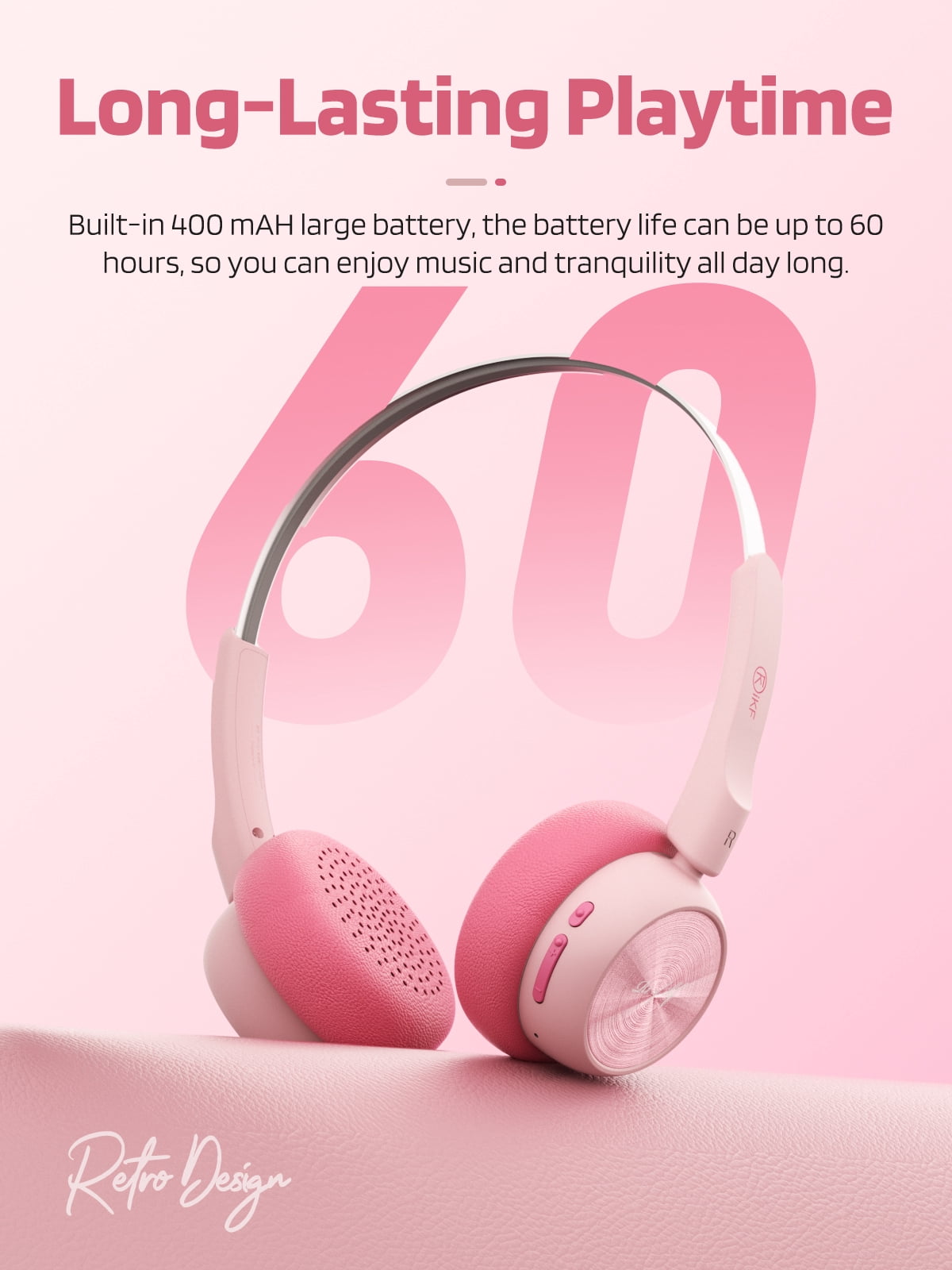 iKF R1 Wireless Retro Wireless Headphones Bluetooth 5.4 APP Custom Sound 60 Hours Playtime Game Mode Noise Isolation Built-in Microphone Throwback 80s 90s Design (Pink)