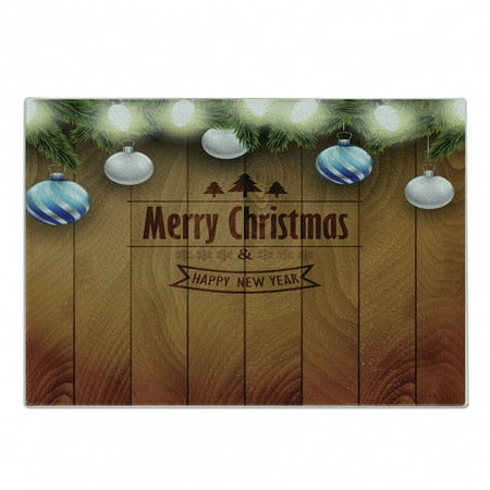 

Christmas Cutting Board Wooden Setting with Grey Balls Setting and Pine Tree Twigs Wishes Theme Decorative Tempered Glass Cutting and Serving Board Small Size Brown by Ambesonne