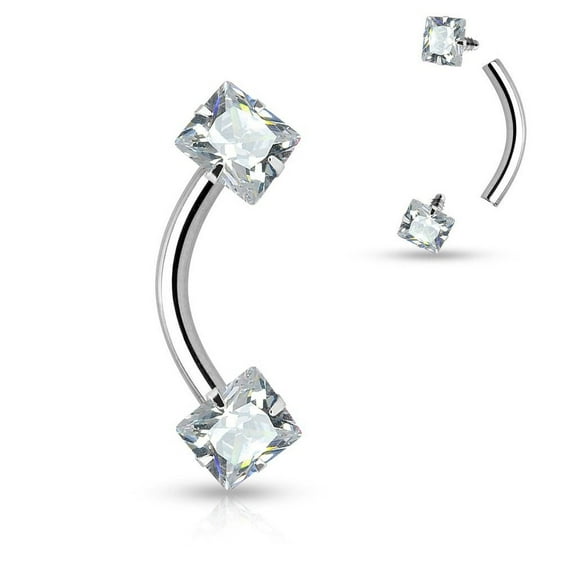 Eyebrow Ring Curved Barbell Internally Threaded Square Prong Set CZ Gem 16G