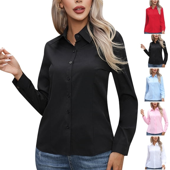 TGSLY Women's Fall Button Down Shirts Lightweight Soft Collared Solid Color Office Blouses Relaxed Dressy Casual Long Sleeve Work Shirts L