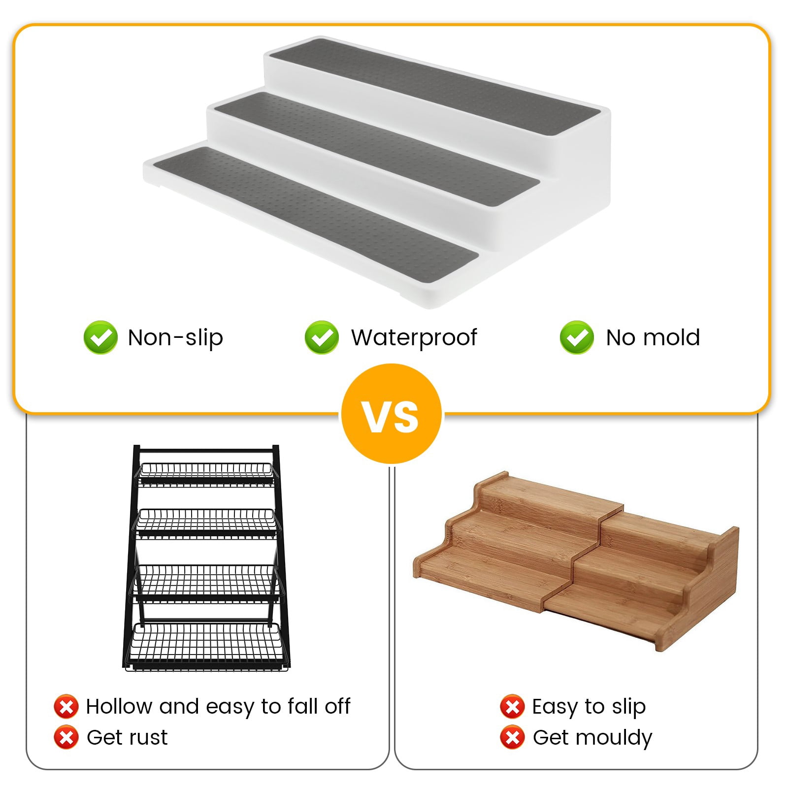 BEAMNOVA 2 Pcs Spice Rack Organizer, 3-Tier Non-Skid Seasoning Storage Shelf for Kitchen Pantry Cabinet Countertop