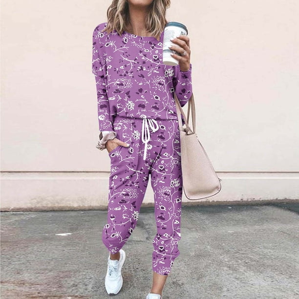 Puntoco Traje Casual Con Cordón Y Cuello Redondo De Manga Larga Con Estampado Suelto A La Moda Para Mujer Púrpura Xxl